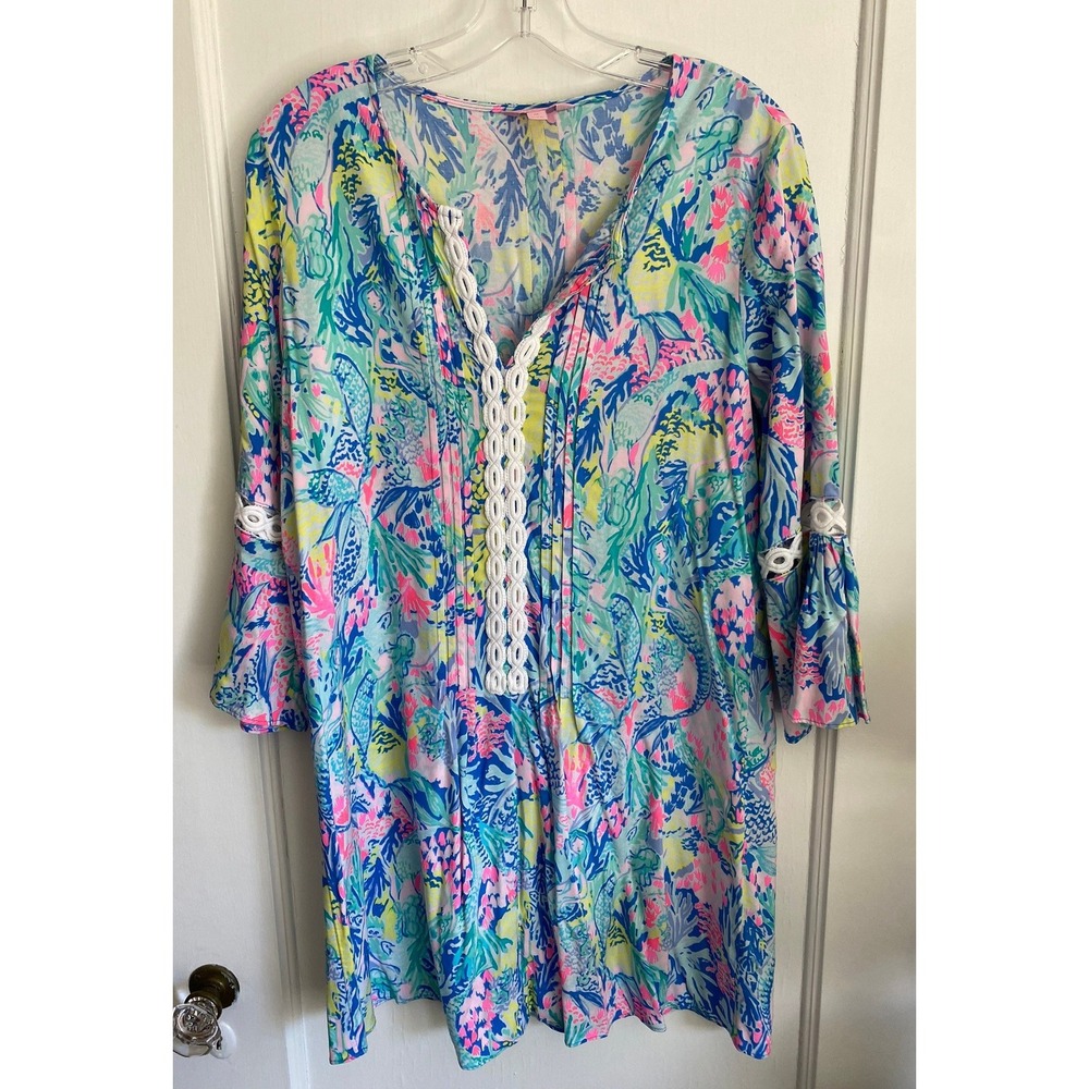 Lilly Pulitzer Tunic Dress Womens M Blue Multi Mermaid Pintuck Crochet